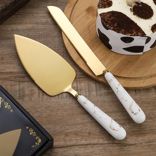 Ensemble de Couteau et Pelle à Gâteau Élégant – Acier Inoxydable Doré avec Manche Effet Marbre