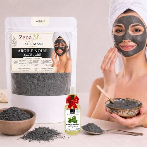 Format 500g argile noire naturelle premium + huile de Thé Vert 30ml gratuit