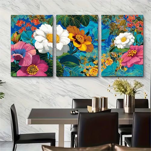 Tableau Mural Art Botanique Tropical Fleurs d'Hibiscus, Dahlias et Feuillage Exotique Bleu Cobalt, Rose Magenta et Jaune Doré 3 Pièces 60 x 40 cm - Toile Canvas HD - Style Tropical Botanical Illustration & Luxe Nature - Décoration Salon Chambre Bureau