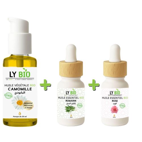 PACK HUILE CAMOMILLE 50ML - POMPE + HUILE ESSENTIEL ROMARIN 10ML + HUILE ESSENTIEL ROSE 10ML