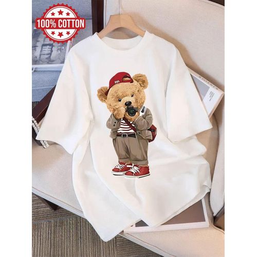 Haut d'été pour femmes, style tendance, ours, appareil photo, casquette de baseball, imprimé, pur, tenue décontractée de tous les jours, col rond, T-shirt à manches courtes