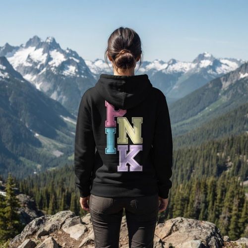 Hoodie noir à capuche, 1 pièce, motif graphique PINK en lettres multicolores au dos, style sport casual streetwear tendance