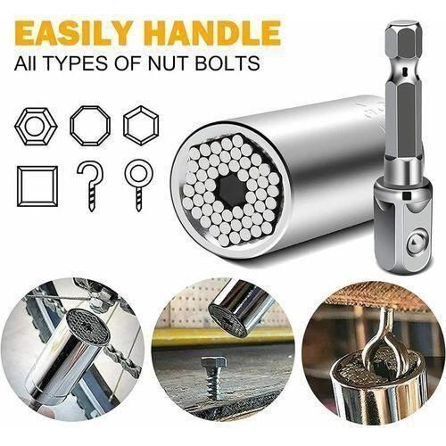 Douille Universelle 7-19mm avec Adaptateur Perceuse - Clé à Douille Multifonction pour Écrous, Boulons et Vis - Acier Chrome Vanadium