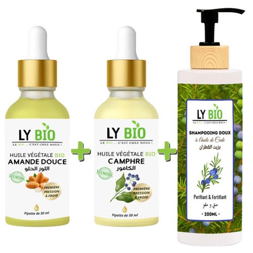 PACK HUILE AMANDE DOUCE 50ML - PIPETTE + HUILE CAMPHREE 50ML - PIPETTE + SHAMPOOING A L'HUILE DE CADE 200ML