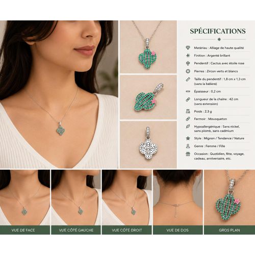 Collier S925 Cactus Élégant avec Zircons – Bijou Femme Tendance