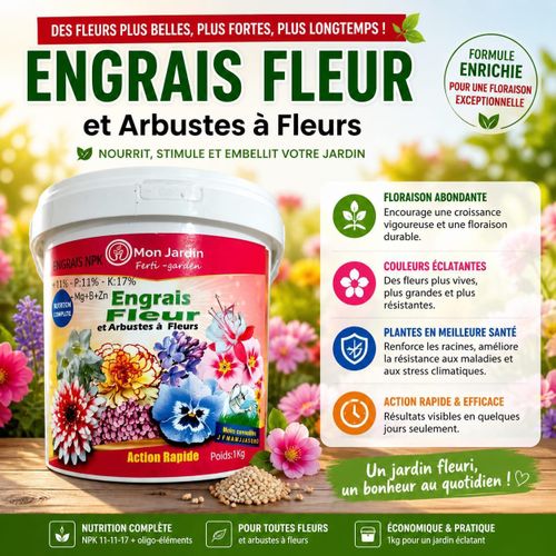 Engrais Fleurs & Arbustes NPK 11-11-17 Floraison Abondante et Couleurs Éclatantes Action Rapide 1Kg Formule Enrichie Jardin