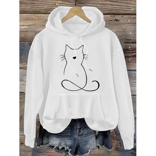 Sweat à capuche kangourou imprimé chat, sweat-shirt à capuche décontracté avec cordon de serrage pour l'automne et le printemps, vêtements pour femmes