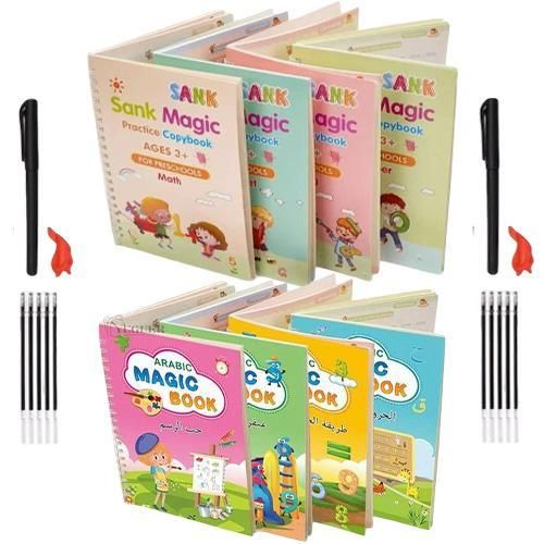 Pack de 8 Cahiers Magiques Réutilisables 3D – Calligraphie Arabe et Anglaise, Nombres et Mathématiques pour Enfants