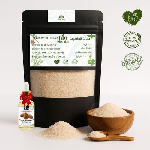 Tégument de psyllium bio fibres naturelles 100 g + huile de Amande douce 15ml gratuit