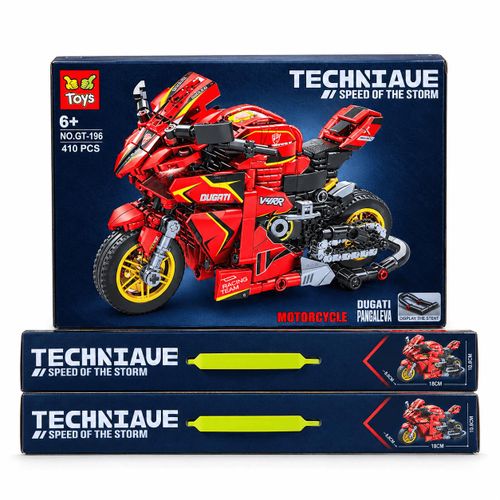 Ducati Panigale V4 Moto de Course à Construire TECHNIAUE – 410 Pièces – Modèle GT-196 – Design Sportif Rouge et Noir – Avec Support d’Exposition – Dès 6 Ans