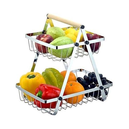 Panier à fruits en métal à deux niveaux avec poignée en bois