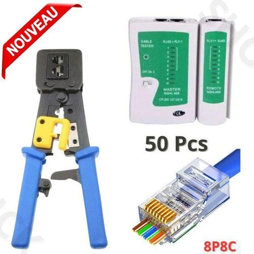 Pince à sertir Professionnel Câble Réseau LAN Téléphone RJ45 RJ12 RJ11 + Testeur + 50 connecteurs RJ45 Cat6 Cat5 8P8C