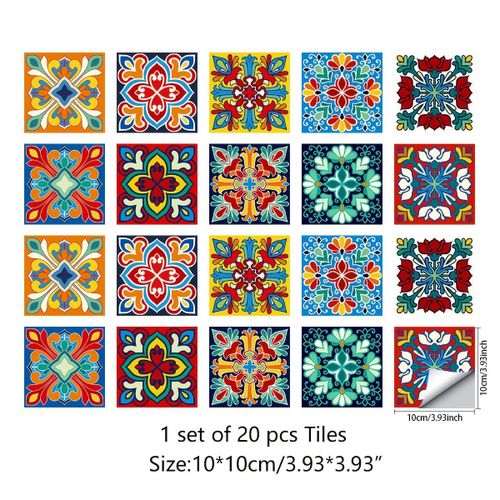 Art mural en vinyle fleur Boho Wacolor - 12 pièces autocollantes carrées, motif floral tendance, orientation transversale, usage intérieur pour décor de cuisine et salle de bain