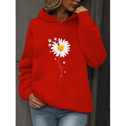 Pull Femme à Capuche Imprimé Lettres - Sweat Rouge Vif Manches Longues, Confortable et Détendue pour Automne-Hiver, Lavage Main, Style Unisexe, Tendance, Construction Résistante, Vêtements Saisonniers