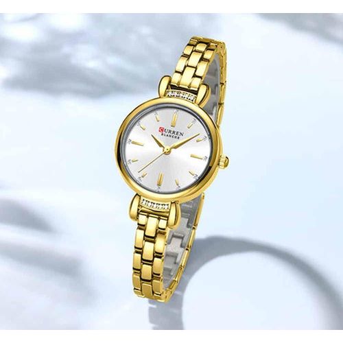 Montre Femme Élégante 9098 Dorée Cadran Blanc Strass Bracelet Fin Acier Inoxydable Quartz Étanche 3 ATM Chic Idée Cadeau