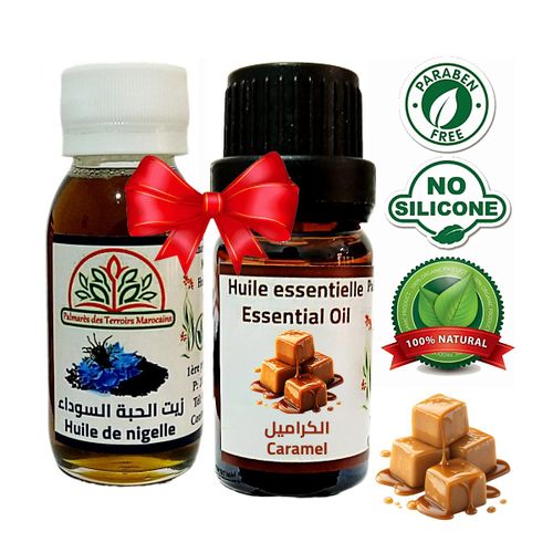 Huile Essentielle Caramel 10 ml - Parfum Sucré et Gourmand Essence fragrance 100% naturelle + Huile de Nigelle 100% naturelle (Cumin noir) 60ml