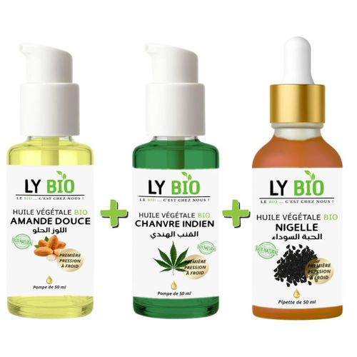 PACK HUILE AMANDE DOUCE 50ml - POMPE + HUILE HYDRATANTE & NUTRITIVE 50ML - POMPE + HUILE NIGELLE 50ML - PIPETTE