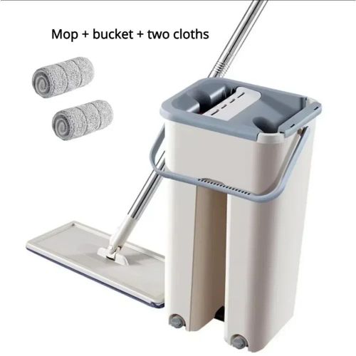 Balai serpillière plat avec seau essoreur autonettoyant 2 en 1, vadrouille microfibre mains libres, manche inox réglable, nettoyage sols sec et humide