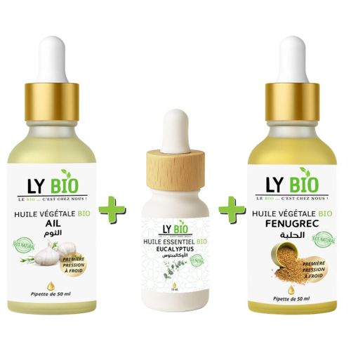PACK HUILE AIL 50ML - PIPETTE + HUILE ESSENTIEL EUCALYPTUS 10ML + HUILE FENUGREC 50ML - PIPETTE