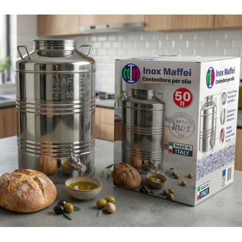 Bidon/Fût de conservation pour huile d'olive en acier inoxydable (Inox 18/10), capacité 50 litres, avec robinet – Fabriqué en Italie (Inox Maffei)
