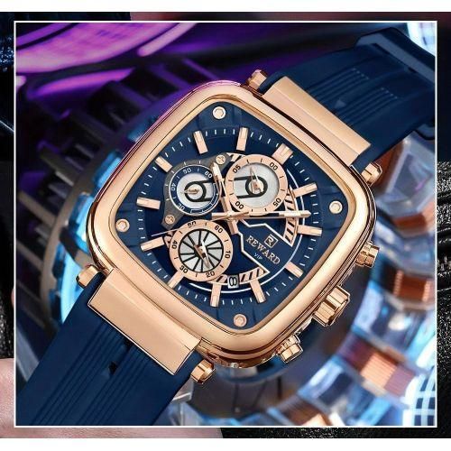 nouvelle collection Reword Montre de luxe homme Mouvement à quartz Étanche 30M Verre carré Bracelet en silicone Horloge élégante