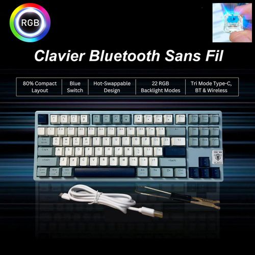Clavier Blue Switch Clavier mecanique Bluetooth Sans fil 2,4 GHz Clavier Gamer Bluetooth 5.3 Gaming - WKL-102 Blue