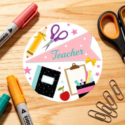 24pcs/48pcs Stickers de Bureau Ronds Rose Fournitures Scolaires Ciseaux Cahier Porte-document Cerise Motif Enseignant pour Décoration de Bureau de Classe Cadeau de Papeterie