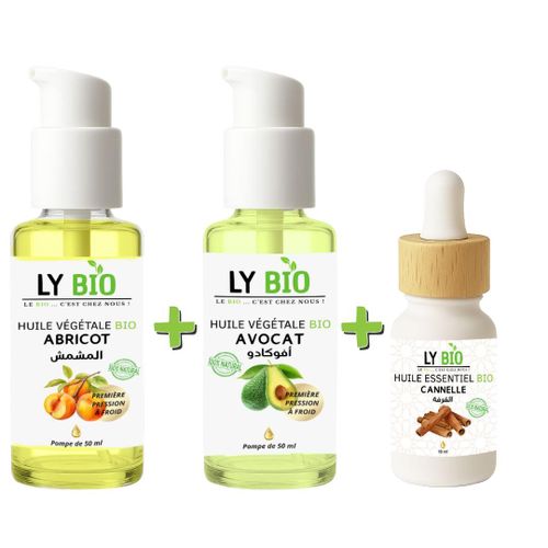 PACK HUILE ABRICOT 50ML - POMPE + HUILE AVOCAT 50ml - POMPE + HUILE ESSENTIEL CANNELLE 10ML