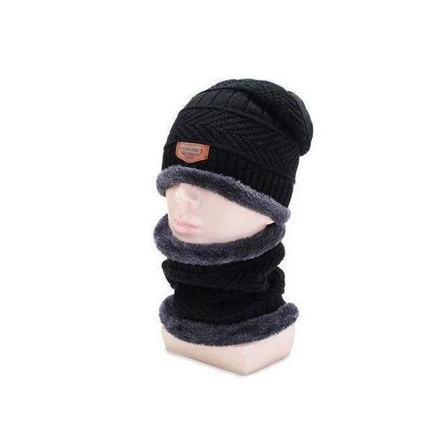 Ensemble de bonnets épais en laine - Bonnet tricoté - Écharpe - Noir - Hiver - Enfant