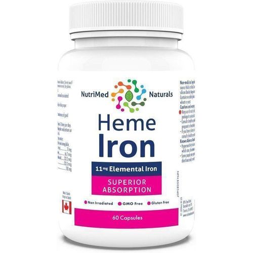 Nutrimed Naturals - Complément alimentaire Heme Iron pour hommes et femmes 60 capsules - 11 mg de fer élémentaire + sélénium, folate bioactif, vitamine B12, vitamine C - Testé par des tiers - Formulé