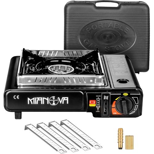موقد غاز خارجي صغير مع إشعال بييزو، هيكل متين باللون الأسود وحماية من الرياح للطبخ والتخييم والشواء