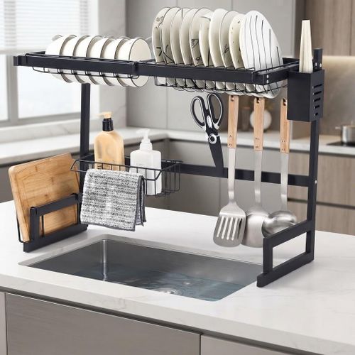 Égouttoir à Vaisselle Sur Évier en Acier Inoxydable - Support de Rangement Cuisine Multi-Fonctions avec Porte-Couteaux et Crochets