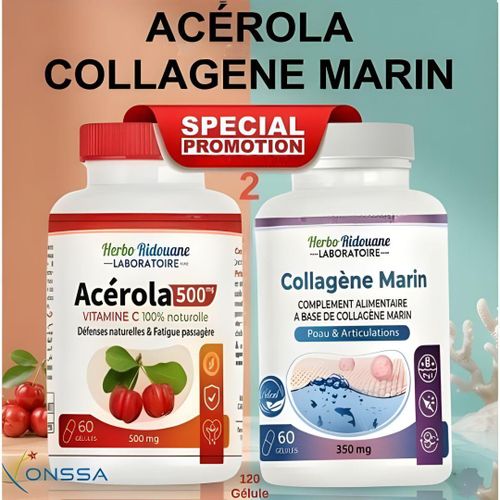 Acérola 500 mg Collagène Marin 350 mg Le collagène marin Offre Spéciale complète la poudre de peptide pour la belle croissance de peau et de cheveux, capsules multi-collagène marin de poisson, capsules de collagène marin anti-âge.