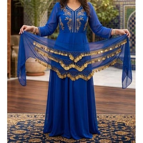 Ceinture de Danse Orientale Bleue et Dorée Extra-Longue - Foulard de Hanche Artisanal Belly Dance