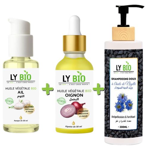 PACK HUILE AIL 50ML - POMPE + HUILE OIGNON 50ML - PIPETTE + SHAMPOOING A L'HUILE DE NIGELLE 200ML