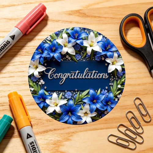 24pcs/48pcs Stickers Design Floral Fleurs Bleues et Blanches Texte de Félicitations Autocollant Rond pour Emballage Cadeau Décoration de Fête Fournitures de Bureau