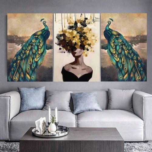 Set de 3 Tableaux Muraux – Paons Élégants et Portrait Féminin, Décoration Murale Artistique Vert Émeraude et Or