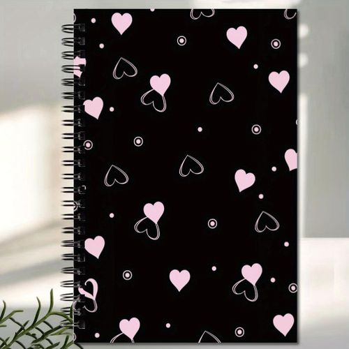 Carnet à spirale en cœur rose - Journal de ligne universitaire avec couverture noire et cœurs roses, fournitures de bureau et d'étude élégantes, cadeau parfait pour les femmes, les enseignants et les étudiants, design charmant, couverture dure, reliure