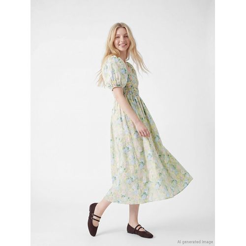 Robe en popeline à motif floral à col carré