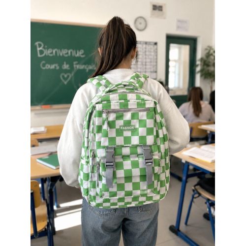 Sac à Dos Scolaire Vert à Carreaux Grande Capacité – Cartable Étanche Unisexe pour Lycée, Université,