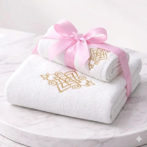 Set de 2 Serviettes de Bain Luxe - Blanc Brodé Doré - Coton Absorbant (90x50cm + 50x30cm) - Ruban Cadeau Rose