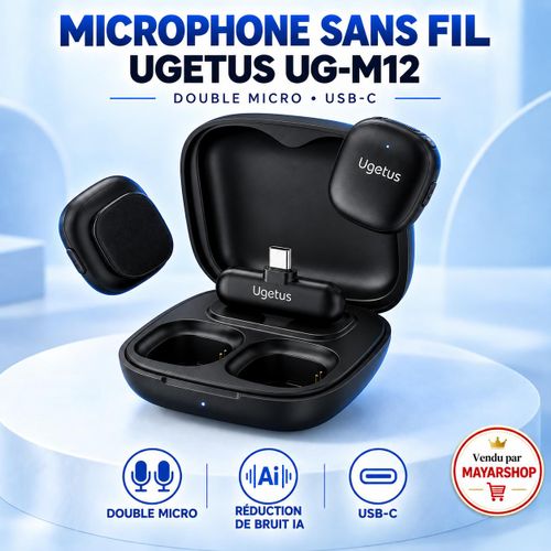 Microphone sans fil double Ugetus UG-M12 avec 2 micros magnétiques, réduction de bruit IA, récepteur USB-C et boîtier de charge