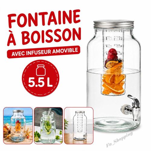 Fontaine à Boisson en Verre 5,5L avec Infuseur Amovible et Robinet – Distributeur de Jus, Eau et Boissons