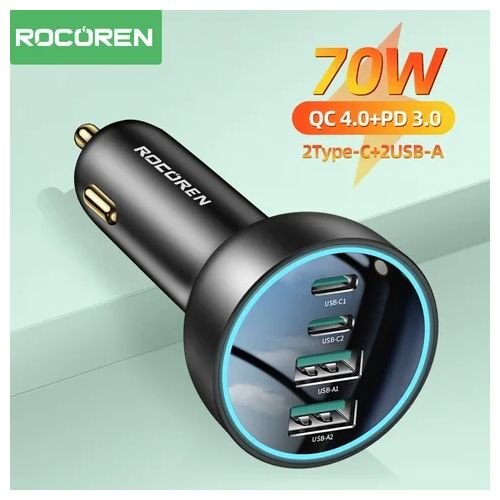 Chargeur de voiture 4en1 QC4.0 PD3.0 70W, Charge super rapide iphone et Android