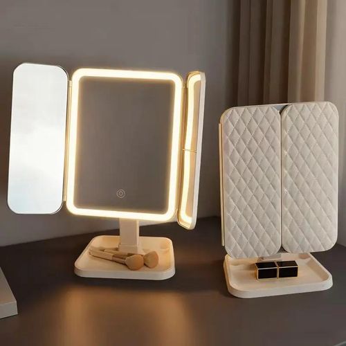 Miroir maquillage LED pliable 3 volets miroir coiffeuse lumineux miroir grossissant x10 rotation 270 miroir bureau rglable avec rangement