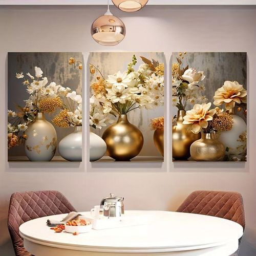 Set de 3 Tableaux Muraux Bouquets de Fleurs dans Vases Dorés – Décoration Murale Élégante Beige et Or