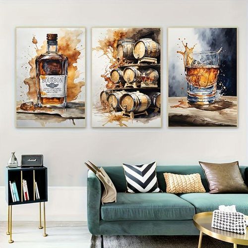 Tableau décoratif lot de 3 panneaux thème bar bouteille, fûts de bois et verre, style aquarelle tons ambrés