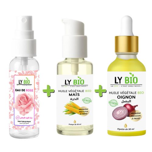 LYBIO PACK EAU DE ROSE 100ML + HUILE MAIS 50ML - POMPE + HUILE OIGNON 50ML - PIPETTE