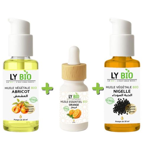 PACK HUILE ABRICOT 50ML - POMPE + HUILE ESSENTIEL ORANGE 10ML + HUILE NIGELLE 50ML - POMPE
