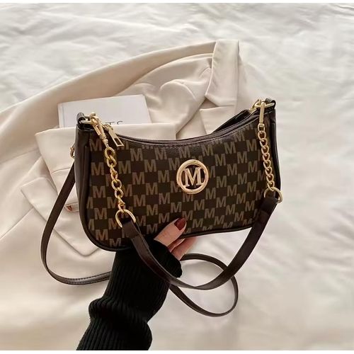 New Collection - Sac a main Baguette Femme Monogrammé 'M' Chaîne Dorée - Marron Foncé